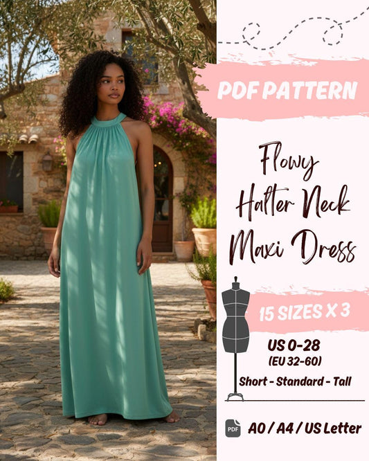 Long Halter Neck Summer Dress - Loose Fit (US0-US28) | PDF Sewing Pattern