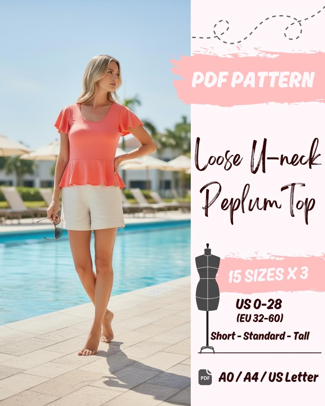 Peplum Top with Flared Sleeve (US0-US28) | PDF Sewing Pattern