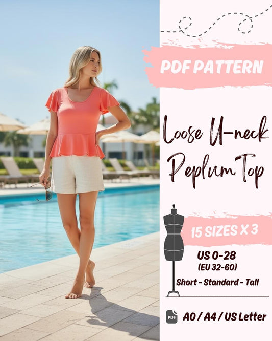 Peplum Top with Flared Sleeve (US0-US28) | PDF Sewing Pattern