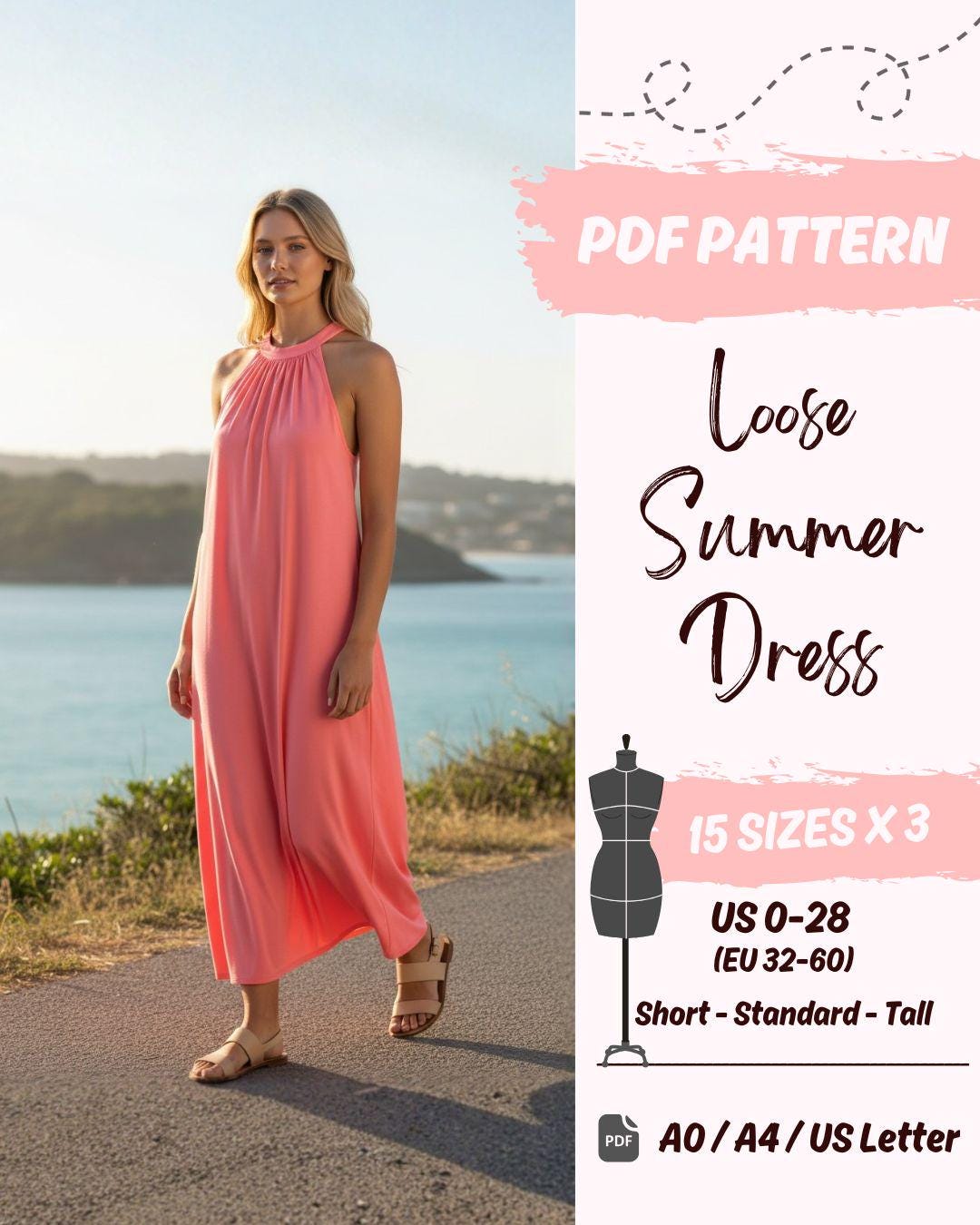 Ruched Halter Neck Summer Dress (US0-US28) | PDF Sewing Pattern