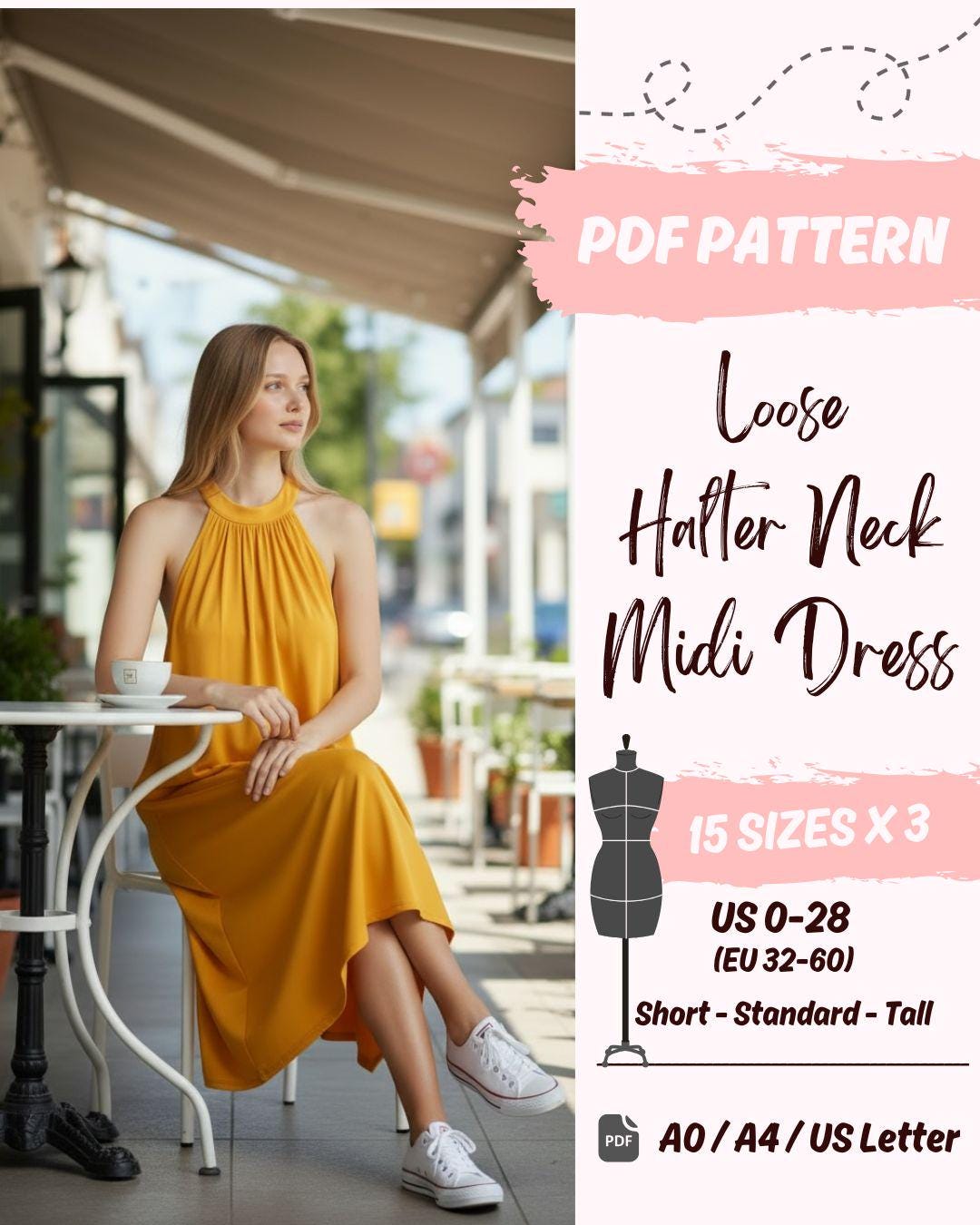 Trägerloses Neckholder-Midikleid – Sommerkleid (DE30-DE58) | PDF-Schnittmuster