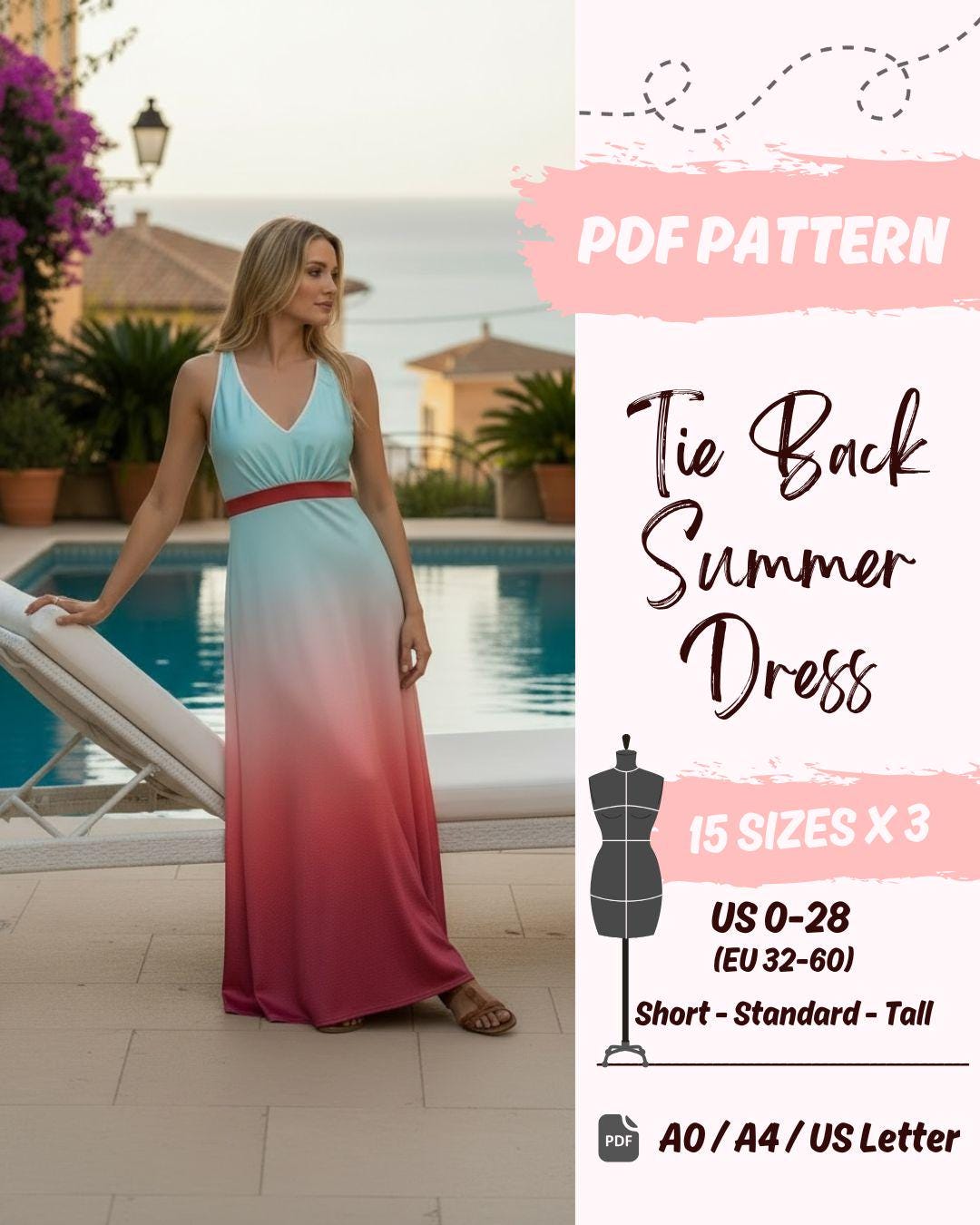Tie Back Halter Maxi Dress (US0-US28) | PDF Sewing Pattern
