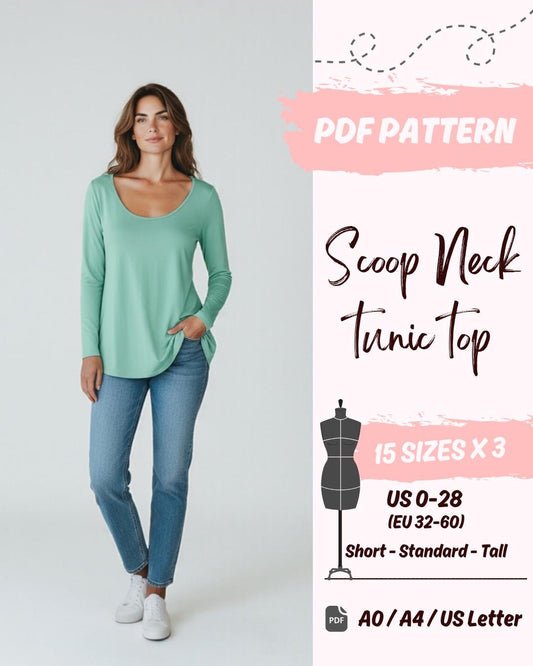 Loose Fit Wide Neck Tunic Top (US0-US28) | PDF Sewing Pattern