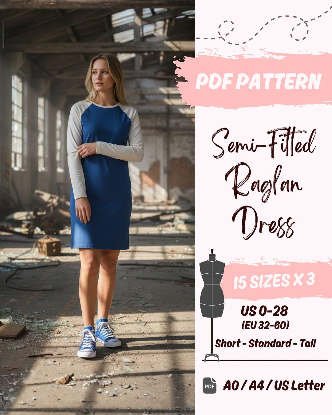 Halbanliegendes Raglan-Kleid (US0-US28) | PDF-Schnittmuster