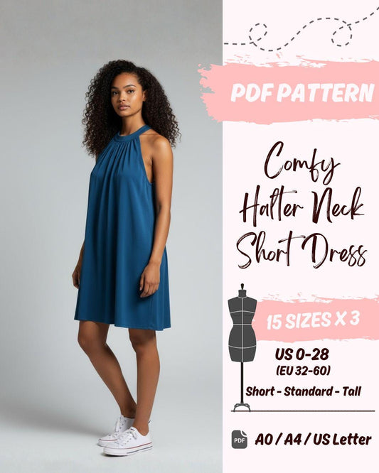 Short Loose Fit Halter Neck Dress (US0-US28) | PDF Sewing Pattern