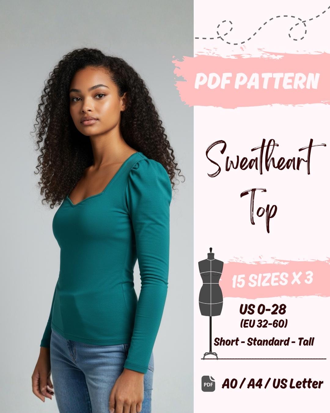 Sweetheart Neckline - Fitted Stretch Top (US0-US28) | PDF Sewing Pattern