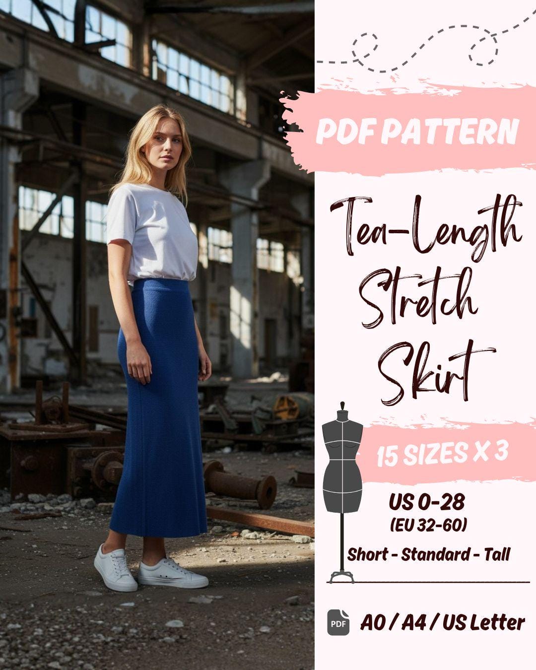 Tea-Length Stretch Skirt (US0-US28) | PDF Sewing Pattern