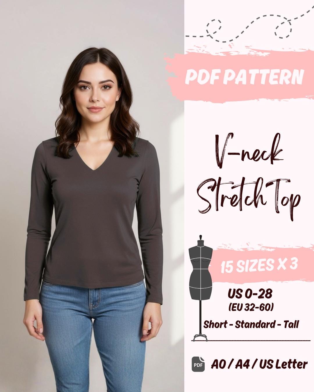 Fitted V-Neck Longsleeve Top (US0-US28) | PDF Sewing Pattern