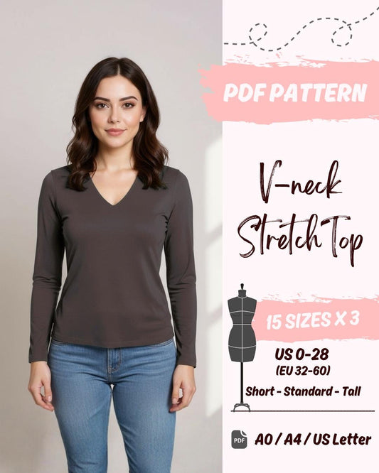 Fitted V-Neck Longsleeve Top (US0-US28) | PDF Sewing Pattern